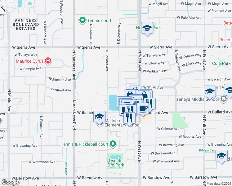 map of restaurants, bars, coffee shops, grocery stores, and more near 6132 North Dolores Avenue in Fresno