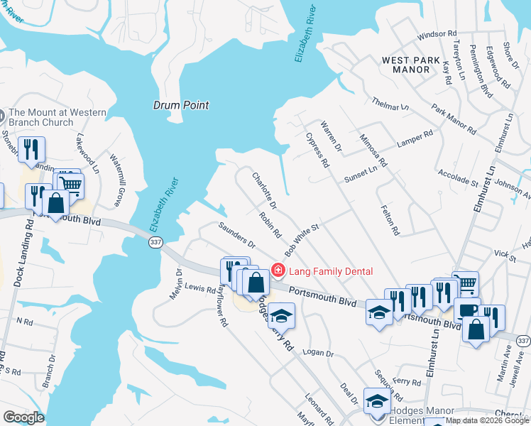 map of restaurants, bars, coffee shops, grocery stores, and more near 312 Charlotte Drive in Portsmouth