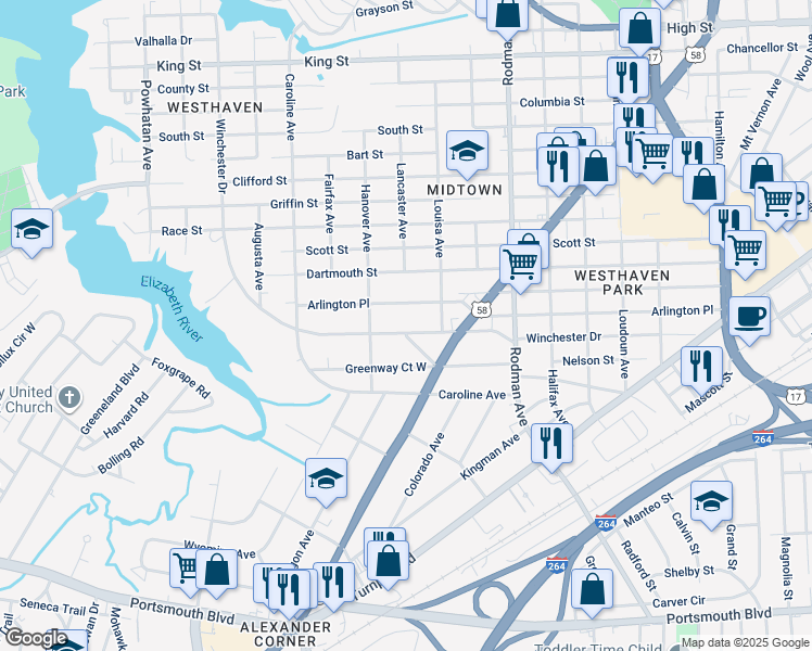 map of restaurants, bars, coffee shops, grocery stores, and more near 3910 Winchester Drive in Portsmouth