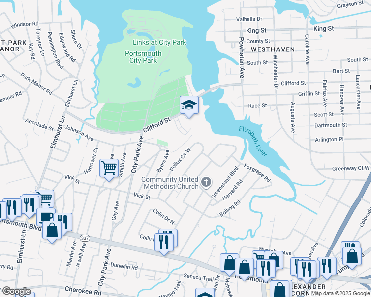 map of restaurants, bars, coffee shops, grocery stores, and more near 47 Pollux Circle West in Portsmouth