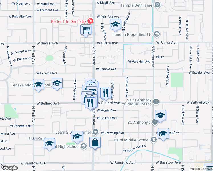 map of restaurants, bars, coffee shops, grocery stores, and more near 709 West Stuart Avenue in Fresno