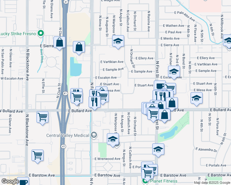 map of restaurants, bars, coffee shops, grocery stores, and more near 541 East Mesa Avenue in Fresno