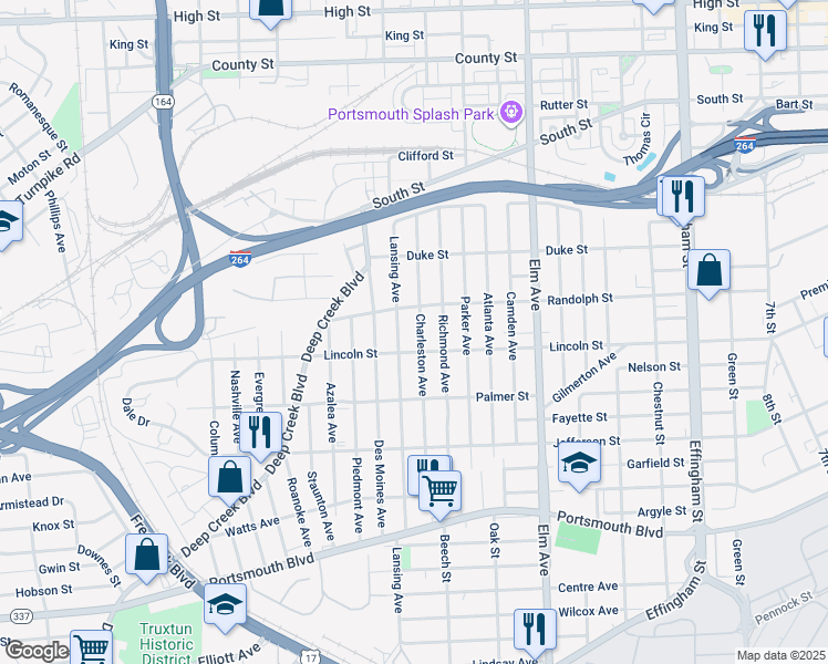 map of restaurants, bars, coffee shops, grocery stores, and more near 1800 Charleston Avenue in Portsmouth