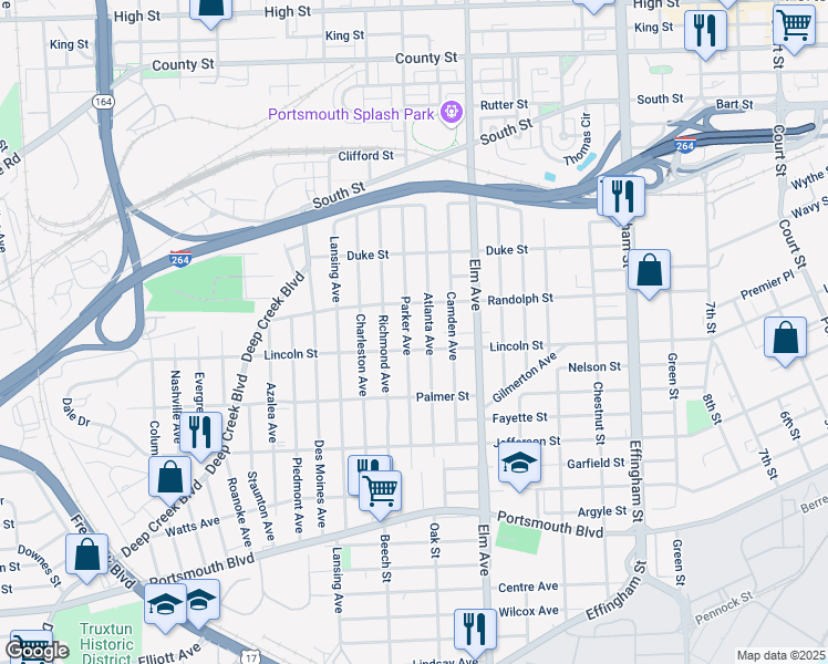 map of restaurants, bars, coffee shops, grocery stores, and more near 1806 Parker Avenue in Portsmouth