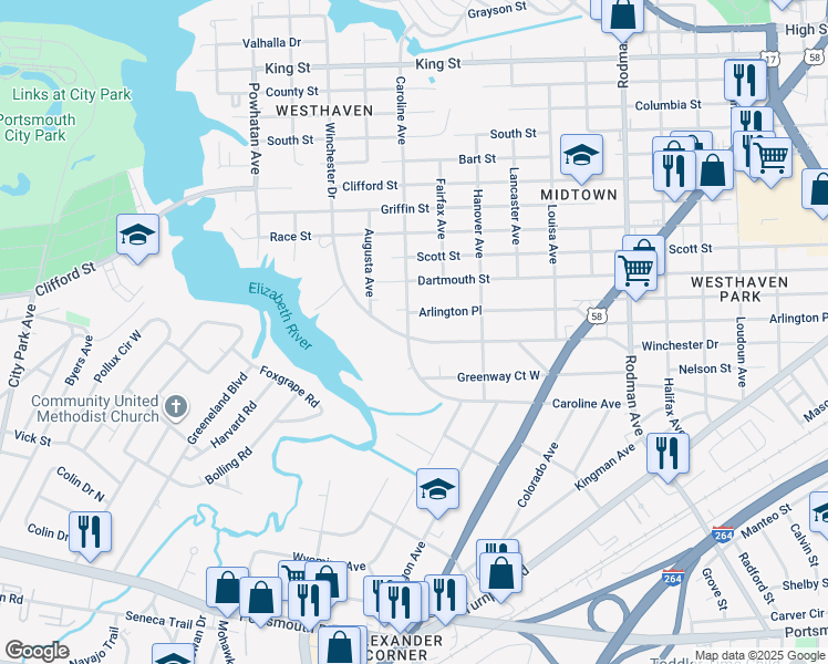 map of restaurants, bars, coffee shops, grocery stores, and more near 4230 Winchester Drive in Portsmouth