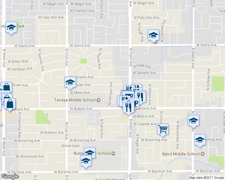 map of restaurants, bars, coffee shops, grocery stores, and more near 1092 West Mesa Avenue in Fresno