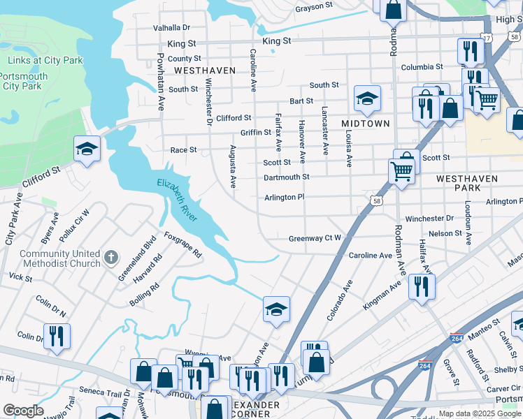 map of restaurants, bars, coffee shops, grocery stores, and more near 4230 Winchester Drive in Portsmouth