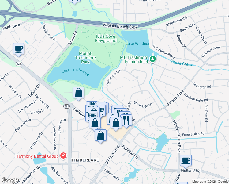 map of restaurants, bars, coffee shops, grocery stores, and more near 4229 Westchester Circle in Virginia Beach
