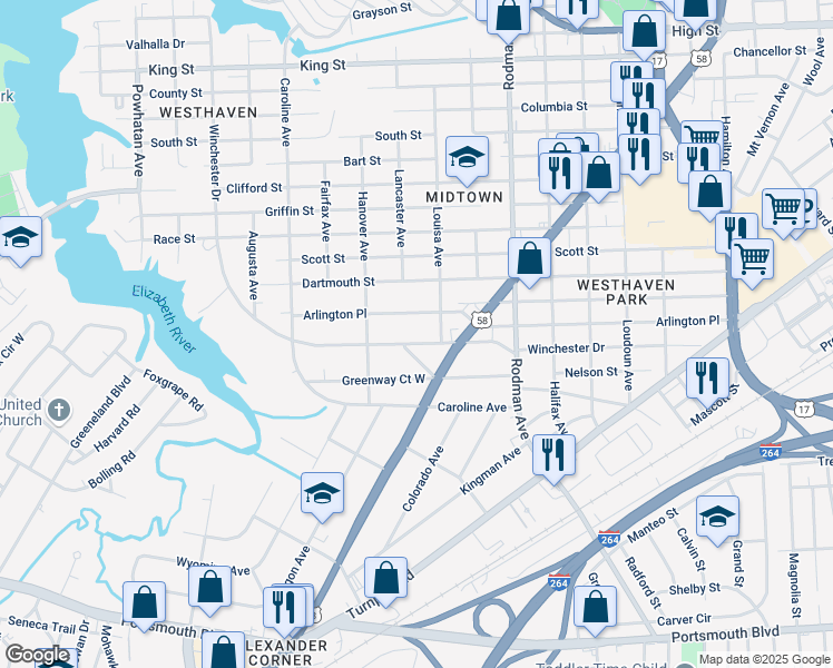 map of restaurants, bars, coffee shops, grocery stores, and more near 3910 Winchester Drive in Portsmouth