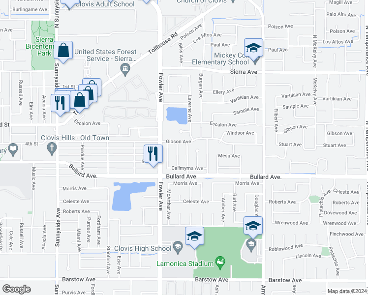 map of restaurants, bars, coffee shops, grocery stores, and more near 434 Bliss Avenue in Clovis