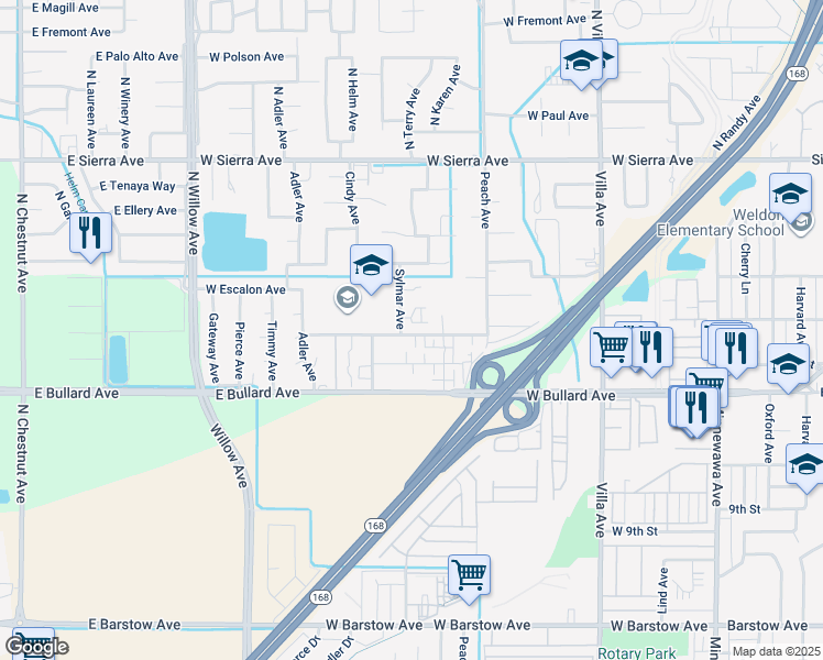 map of restaurants, bars, coffee shops, grocery stores, and more near 385 Sylmar Avenue in Clovis