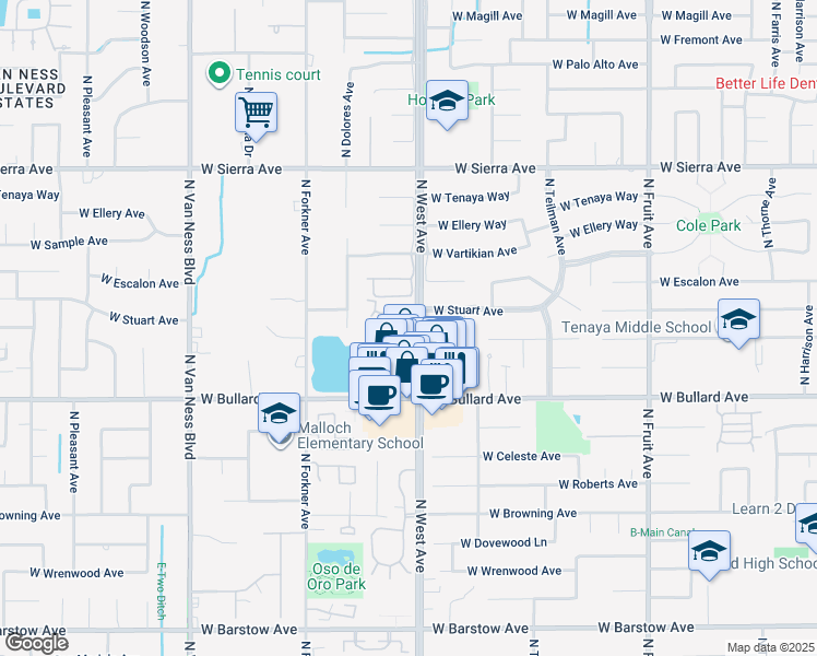 map of restaurants, bars, coffee shops, grocery stores, and more near 6141 North West Avenue in Fresno