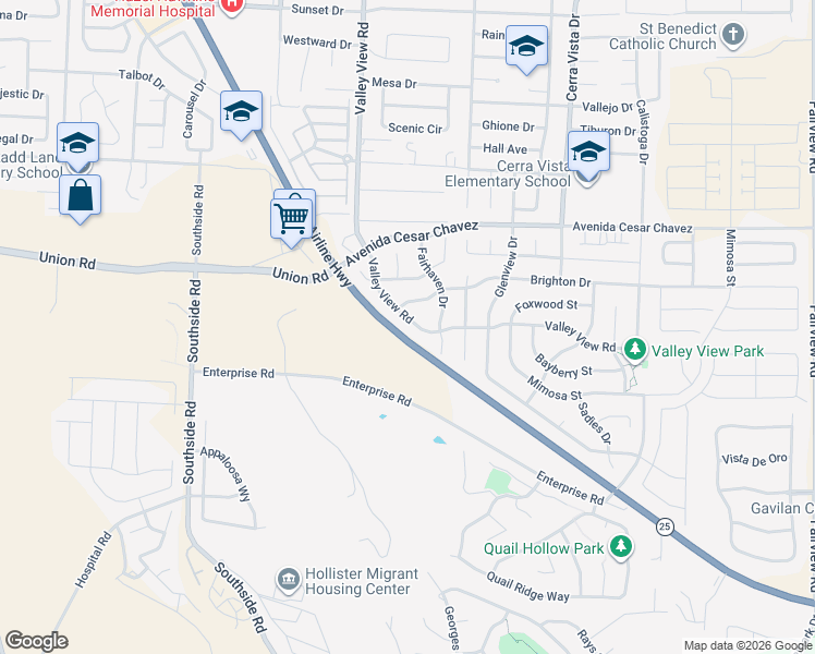 map of restaurants, bars, coffee shops, grocery stores, and more near 2420 Valley View Road in Hollister