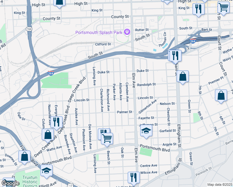 map of restaurants, bars, coffee shops, grocery stores, and more near 1806 Parker Avenue in Portsmouth