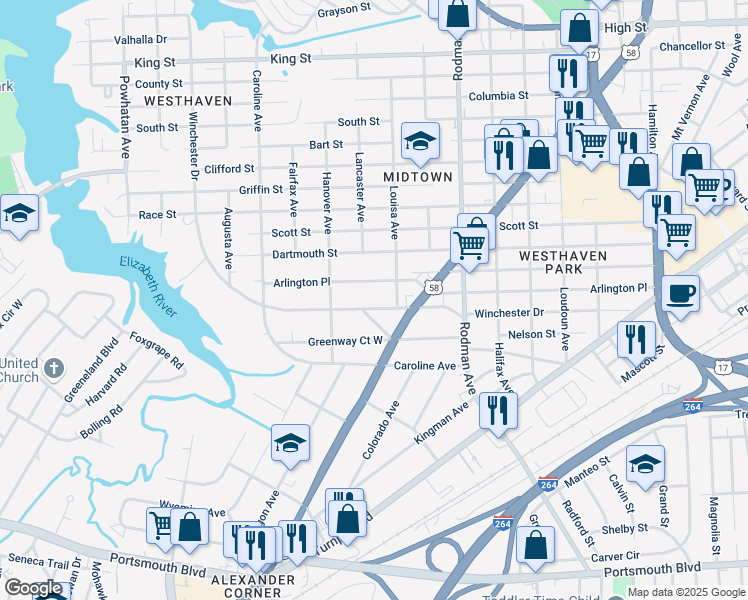 map of restaurants, bars, coffee shops, grocery stores, and more near 3910 Winchester Drive in Portsmouth