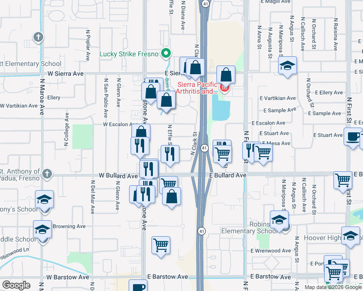 map of restaurants, bars, coffee shops, grocery stores, and more near 144 East Mesa Avenue in Fresno