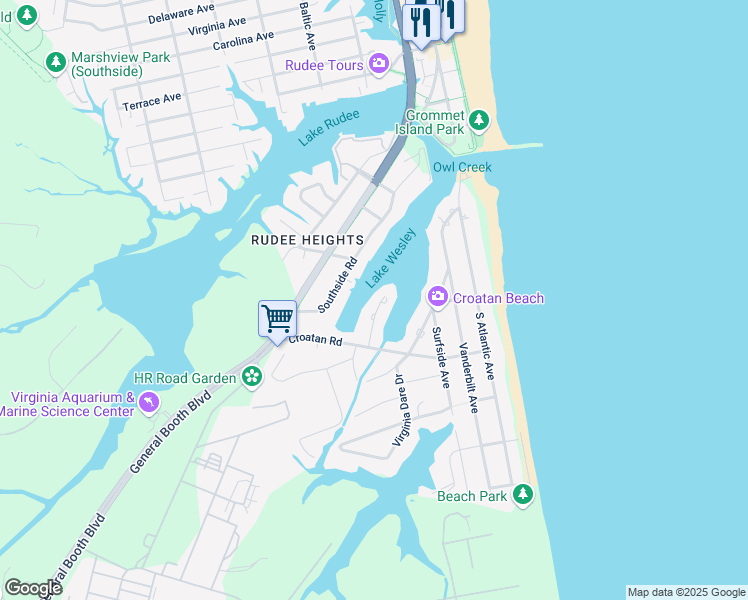 map of restaurants, bars, coffee shops, grocery stores, and more near 505 Kerry Lane in Virginia Beach