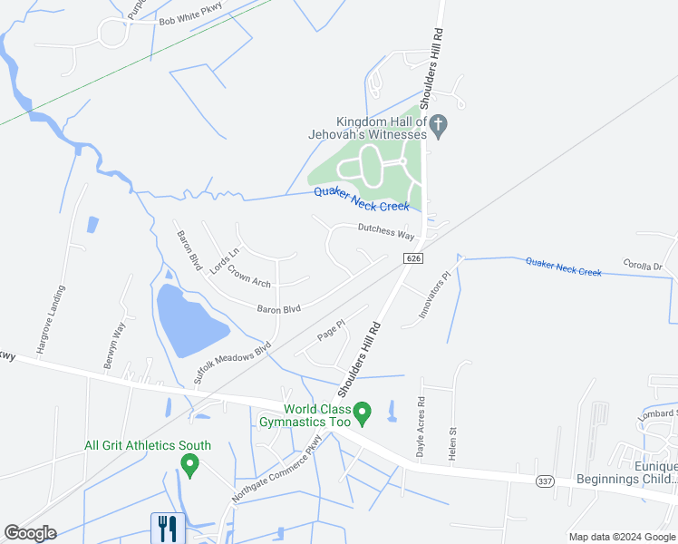 map of restaurants, bars, coffee shops, grocery stores, and more near 134 Dutchess Way in Suffolk