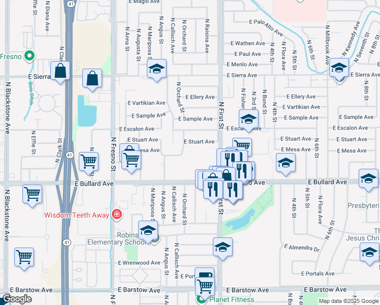 map of restaurants, bars, coffee shops, grocery stores, and more near 6081 North First Street in Fresno