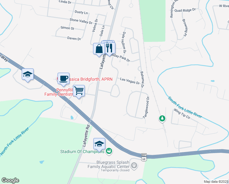 map of restaurants, bars, coffee shops, grocery stores, and more near 3910 Nassau Circle in Hopkinsville