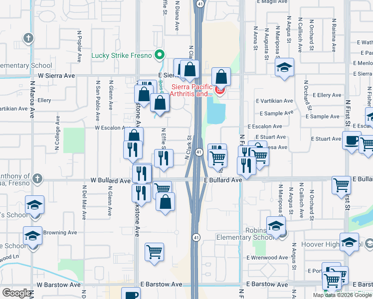 map of restaurants, bars, coffee shops, grocery stores, and more near 6115 North Clark Street in Fresno