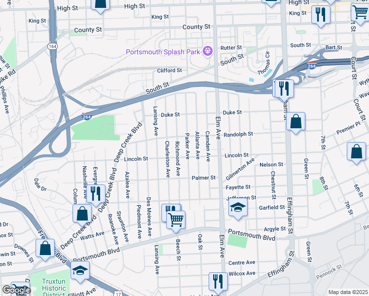 map of restaurants, bars, coffee shops, grocery stores, and more near 1806 Parker Avenue in Portsmouth