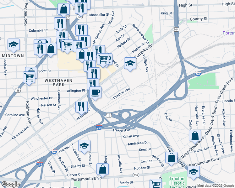 map of restaurants, bars, coffee shops, grocery stores, and more near 2907 Berkley Avenue in Portsmouth