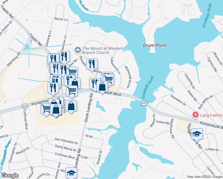 map of restaurants, bars, coffee shops, grocery stores, and more near 4036 Portsmouth Blvd in Chesapeake