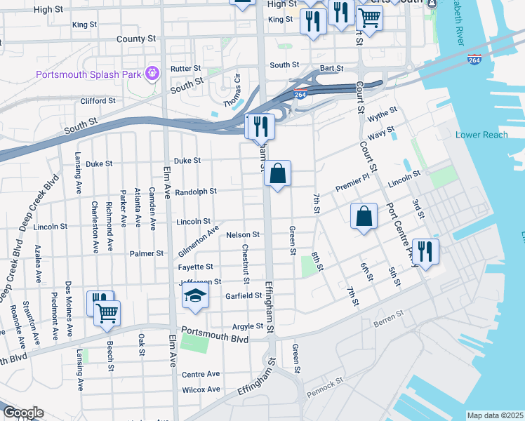 map of restaurants, bars, coffee shops, grocery stores, and more near 1812 Effingham Street in Portsmouth