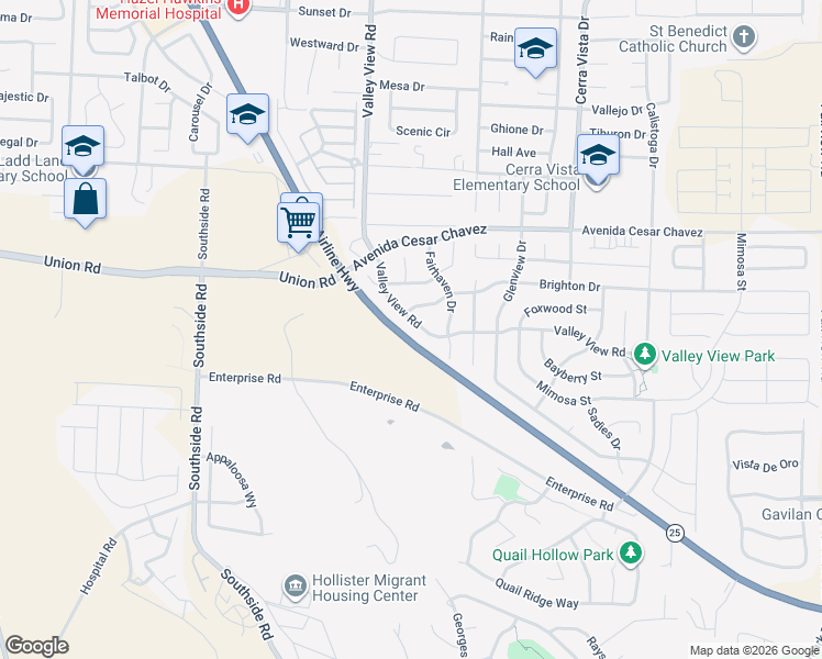 map of restaurants, bars, coffee shops, grocery stores, and more near 2420 Valley View Road in Hollister