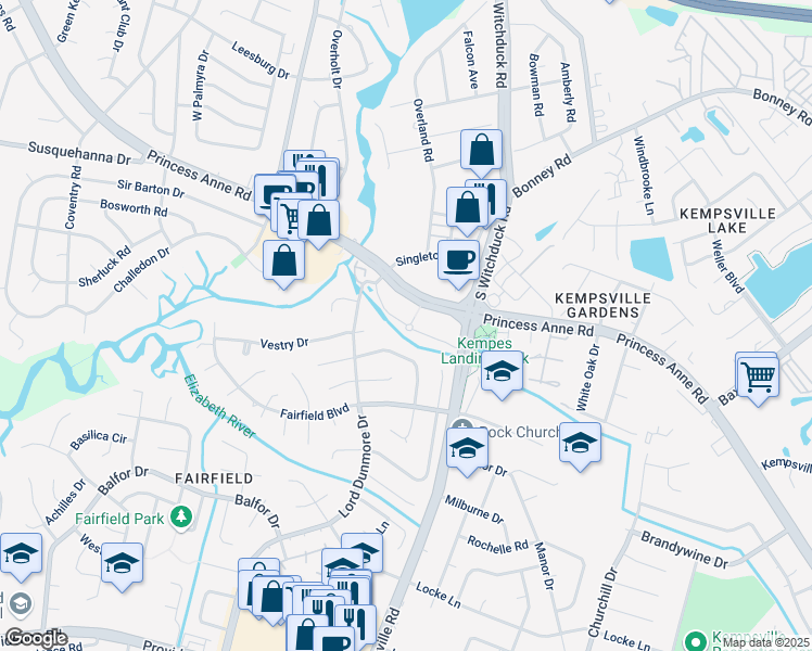 map of restaurants, bars, coffee shops, grocery stores, and more near Oakmears Crescent in Virginia Beach
