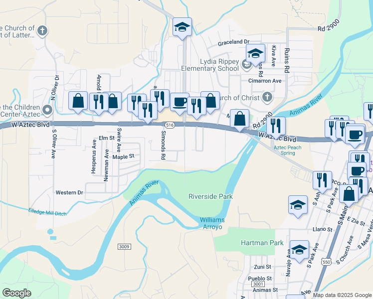 map of restaurants, bars, coffee shops, grocery stores, and more near 302 South Light Plant Road in Aztec