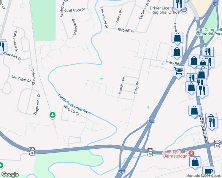 map of restaurants, bars, coffee shops, grocery stores, and more near 265 Sheridan Circle in Hopkinsville