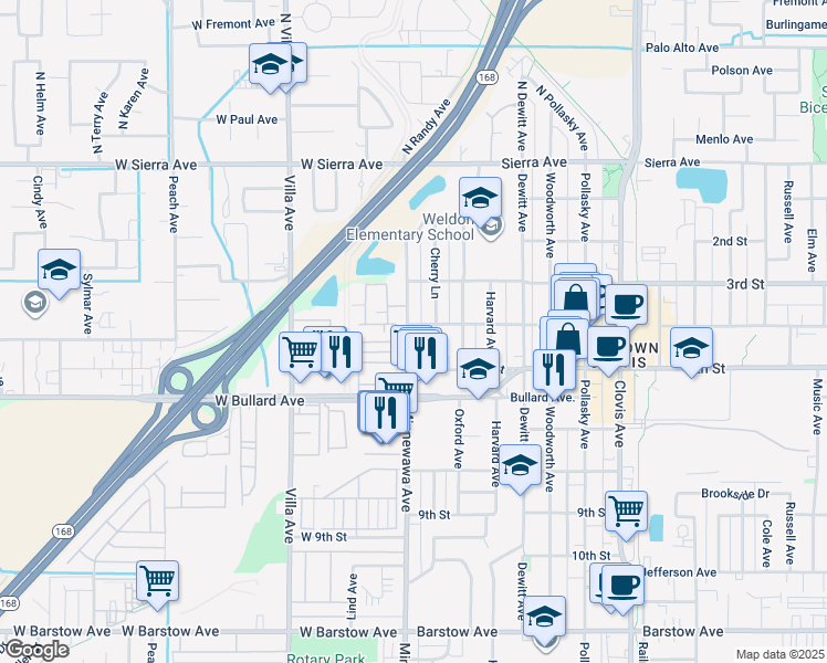 map of restaurants, bars, coffee shops, grocery stores, and more near 8 4th Street in Clovis