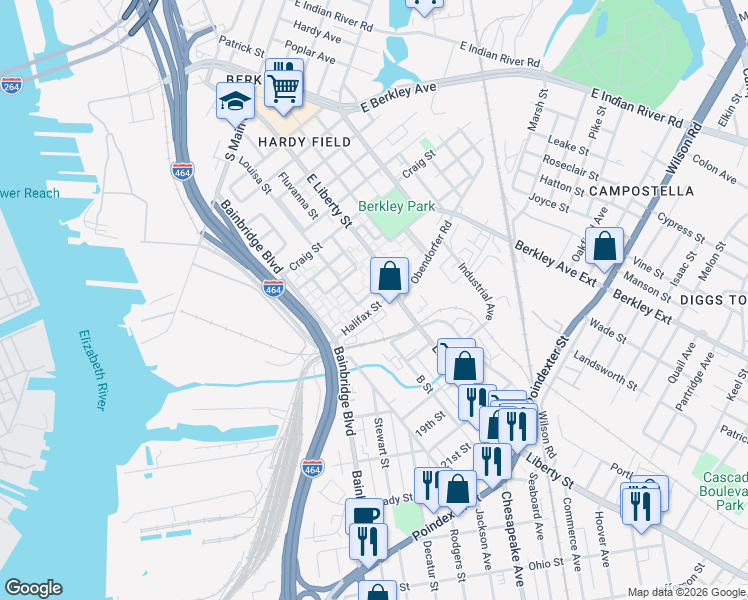 map of restaurants, bars, coffee shops, grocery stores, and more near 915 Halifax Street in Norfolk