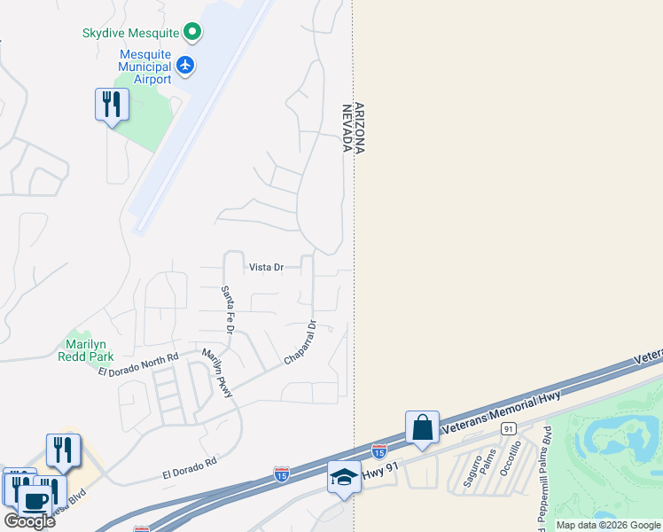map of restaurants, bars, coffee shops, grocery stores, and more near 88 Chaparral Drive in Mesquite
