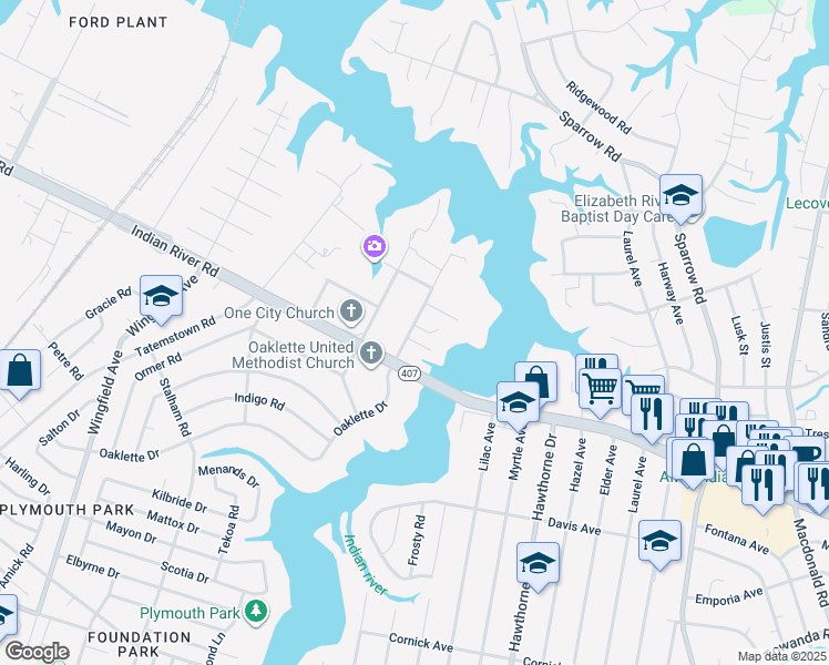 map of restaurants, bars, coffee shops, grocery stores, and more near 1010 Oaklette Avenue in Chesapeake