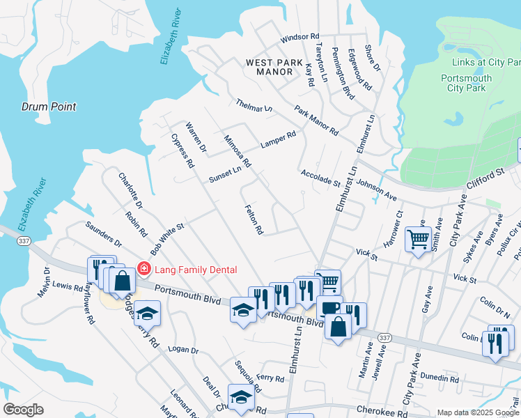 map of restaurants, bars, coffee shops, grocery stores, and more near 324 Corell Court in Portsmouth
