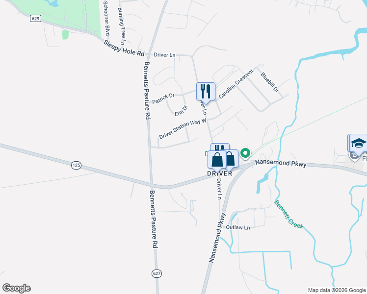 map of restaurants, bars, coffee shops, grocery stores, and more near 3008 Beech Grove Lane in Suffolk