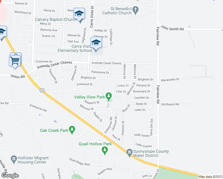 map of restaurants, bars, coffee shops, grocery stores, and more near 2361 Calistoga Drive in Hollister
