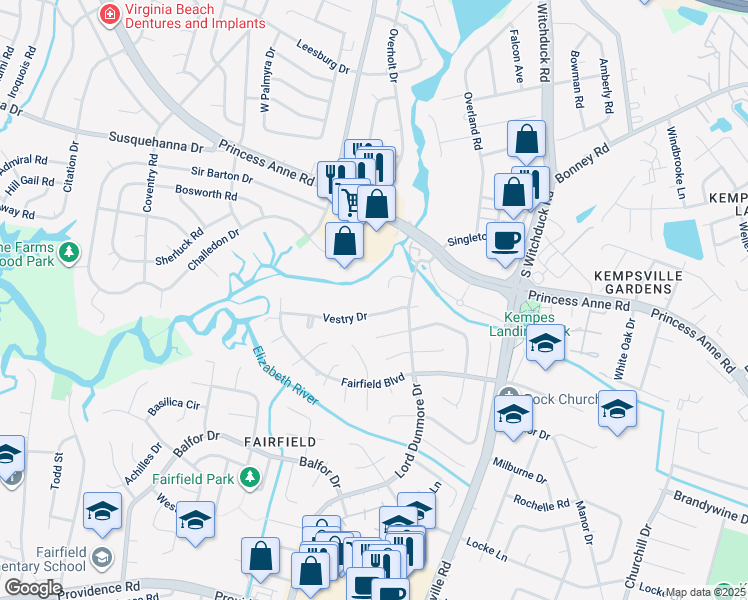 map of restaurants, bars, coffee shops, grocery stores, and more near 5254 Vestry Drive in Virginia Beach