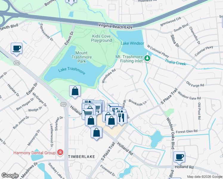 map of restaurants, bars, coffee shops, grocery stores, and more near 4229 Westchester Circle in Virginia Beach