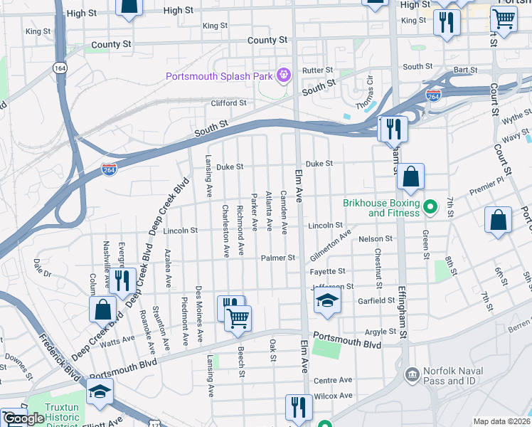 map of restaurants, bars, coffee shops, grocery stores, and more near 1815 Atlanta Avenue in Portsmouth