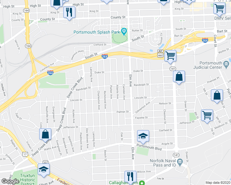 map of restaurants, bars, coffee shops, grocery stores, and more near 1815 Atlanta Avenue in Portsmouth