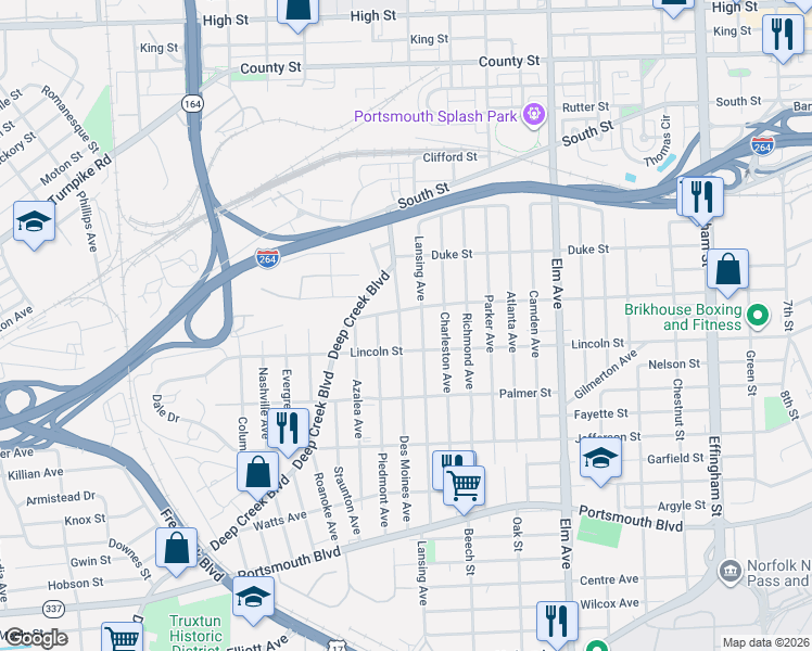 map of restaurants, bars, coffee shops, grocery stores, and more near 1715 Des Moines Avenue in Portsmouth