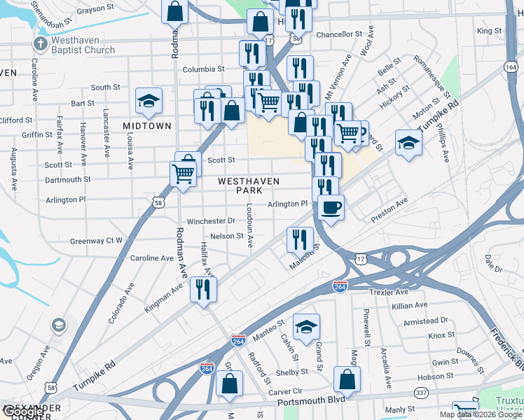 map of restaurants, bars, coffee shops, grocery stores, and more near 3311 Arlington Place in Portsmouth