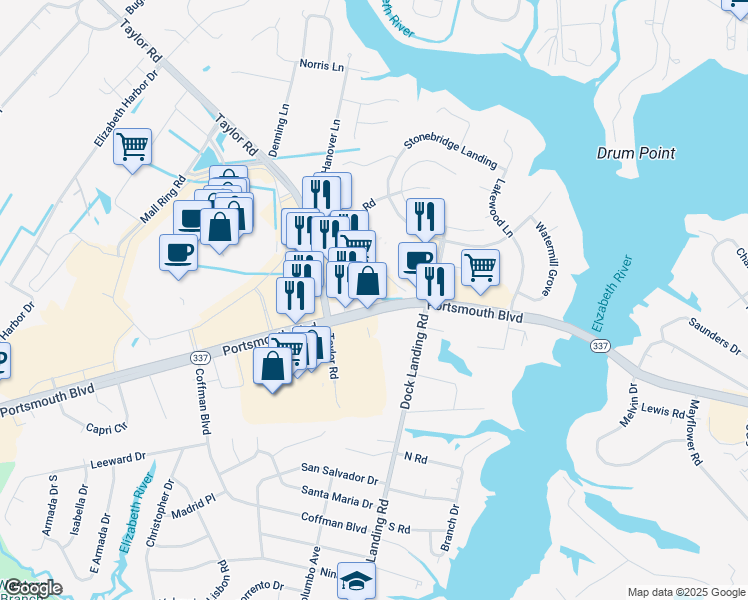 map of restaurants, bars, coffee shops, grocery stores, and more near 4016 Portsmouth Blvd in Chesapeake