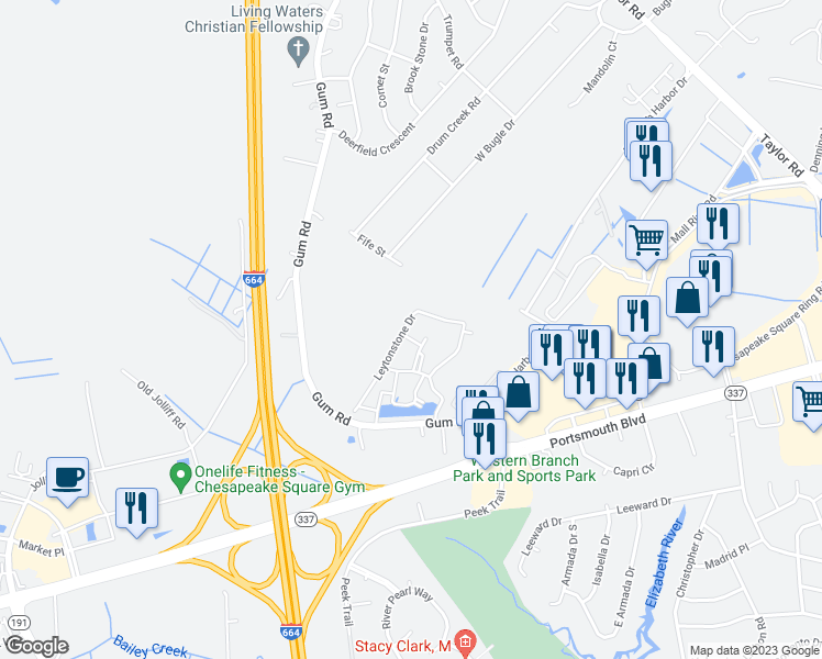 map of restaurants, bars, coffee shops, grocery stores, and more near 2508 Leytonstone Drive in Chesapeake
