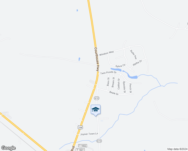 map of restaurants, bars, coffee shops, grocery stores, and more near 23128 Courthouse Highway in Windsor