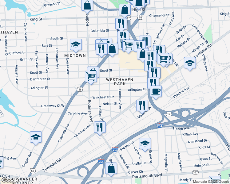 map of restaurants, bars, coffee shops, grocery stores, and more near 3407 Arlington Place in Portsmouth